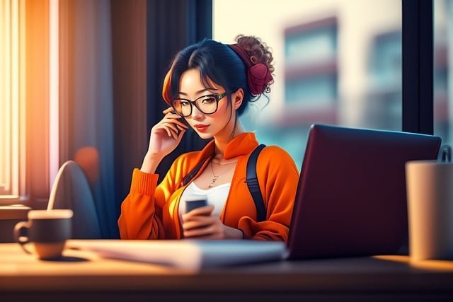 Illustration of a student with glasses working on a laptop
